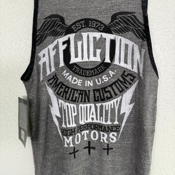 Affliction Shirt Mens Small Muscle Tank American Customs Motors Logo Gray Casual - Picture 5 of 9